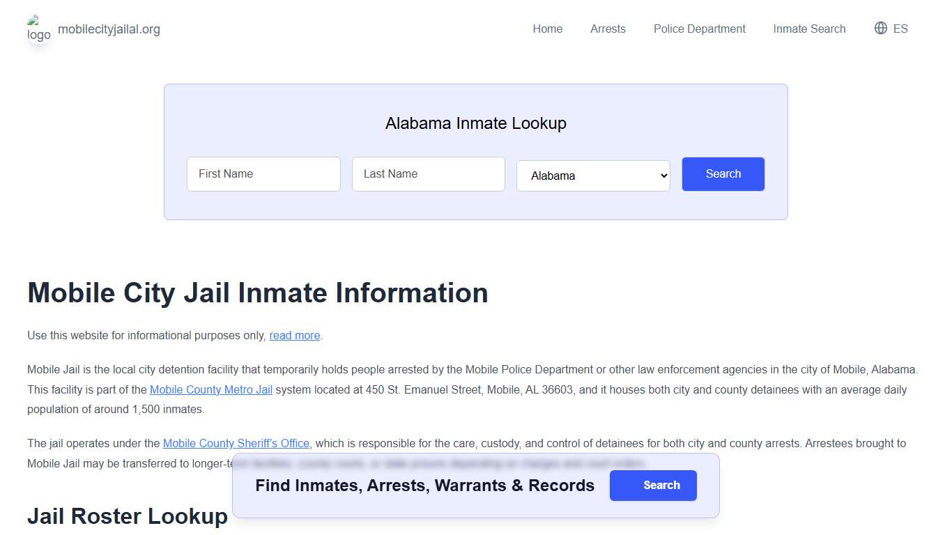 Mobile Jail, AL Inmate Roster, Municipal Jail Info